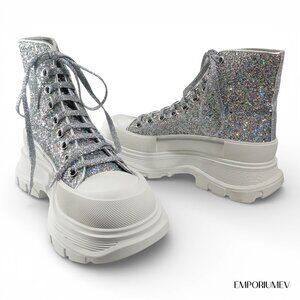 Alexander McQueen Tread Slick Glitter Silver High-Top Boots EU 38 NIB 0588